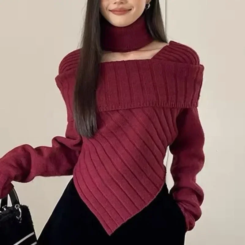 Autumn Winter Vintage Fashion Long Sleeve Knitted Sweater Korean Irregular Sweater Off-the-shoulder Slim Sweater Clothes 30101