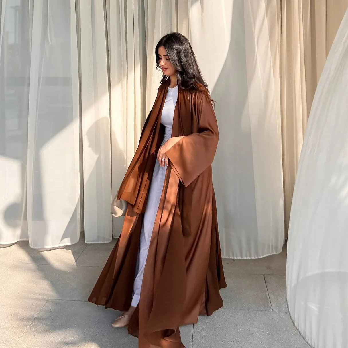 Muslim Women Solid Color Abaya Cardigan Dress Loose Robe Spot Middle East Dubai Muslim Robe Abaya Dress Cardigan