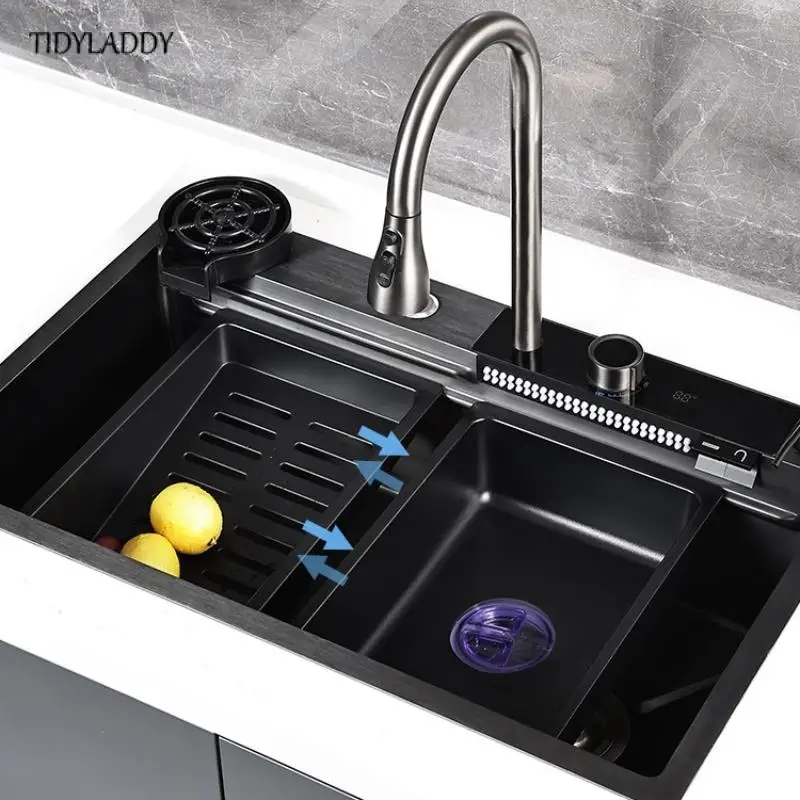 Black 304 Stainless Steel Kitchen Waterfall Sink Digital Display Single Sink Dish Basin Sink with Multifunction Waterfall Faucet