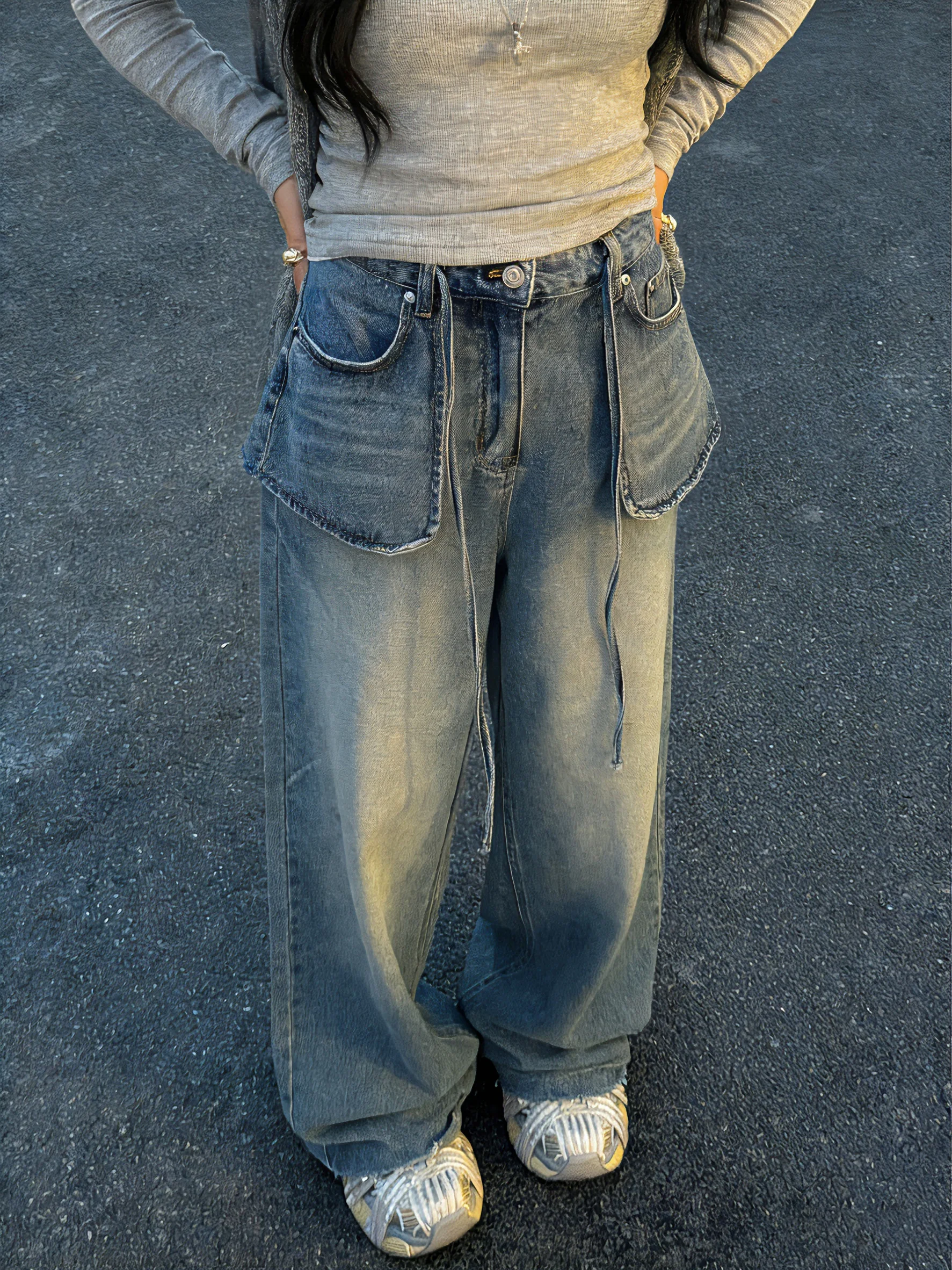 

High Waist Loose Fit Denim Pants Women's Spring Autumn Trendy Girl Patchwork Straight Leg Long Trousers Casual Pure Color