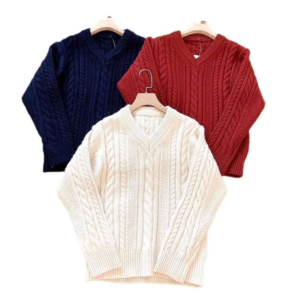 

Women's Autumn Winter V-neck Twist Sweater Long Sleeve Loose Fit Nue Flower Academy Style Pullover Fashion Top for Ladies