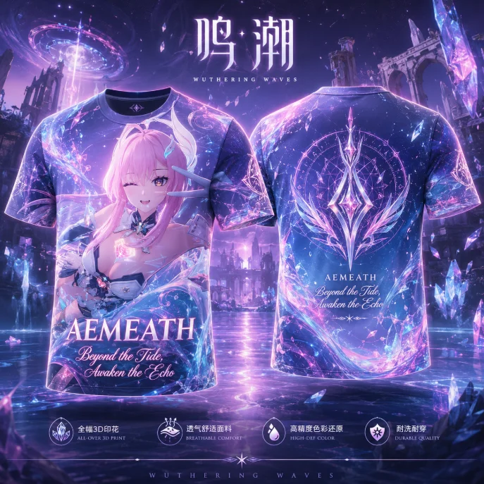 Y2K Wuthering Waves Character Aemeath 3D Print Short-sleeved T-shirt Anime Game Tee T Shirt for Men Anime Clothes Women's Tee