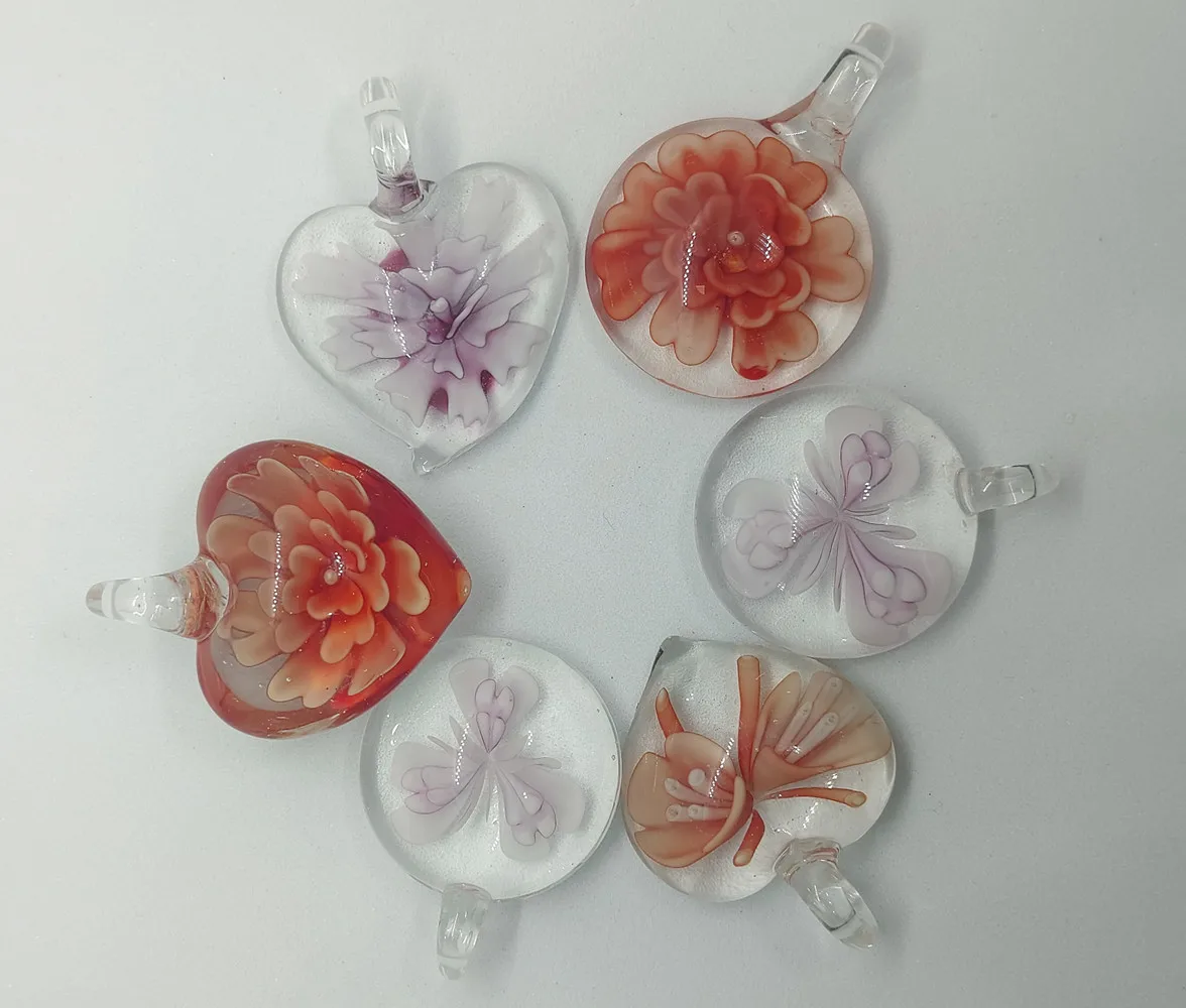 Unique New Handmade Murano Lampwork Glass Multiple Styles Transparent Embedded Flower Pendant Fit Necklace  Jewelry Gift