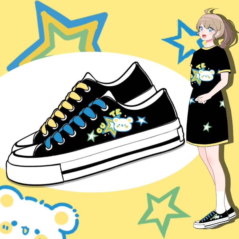 Amy and Michael Lovely Anime Cartoon Canvas Shoes Low Top Flat Sneakers Female Women Skateboard Shoes for Unisex Teenagers