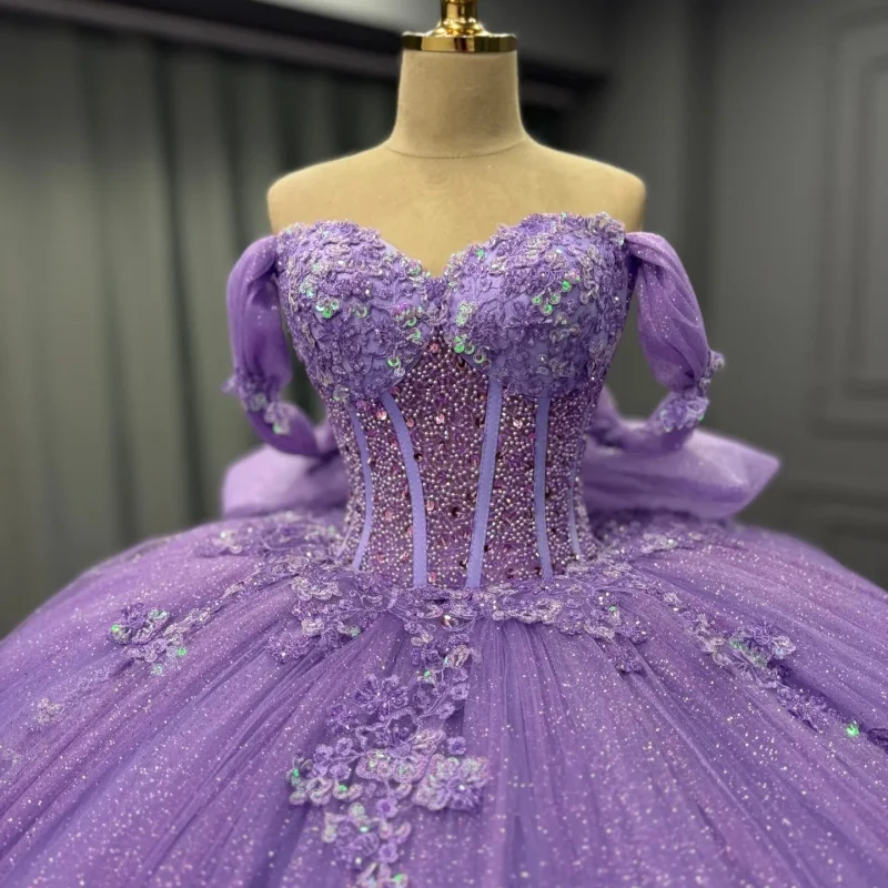 

Shiny Purple Quinceanera Dress Crystal Flower Decal off-shoulder layering Long tail Bow Vestidos De 15 Quinceanera ﻿Customize