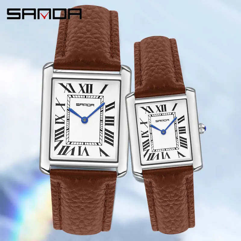 2024 Fashion Sanda Couple Watch Waterproof Casual Women Men Quartz Watches Wear Resistant Leather Strap Square Dial Design Reloj