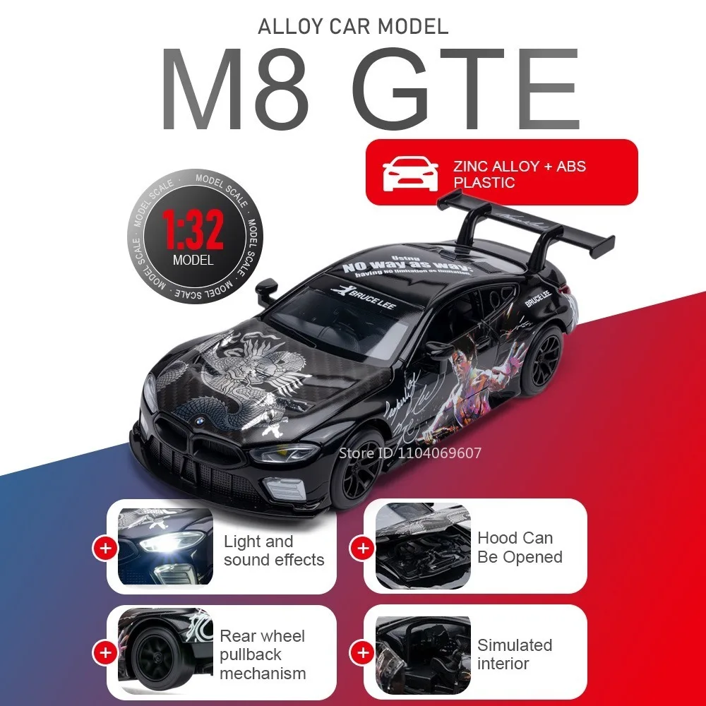 

1:32 BMW M8 GTE Miniature Supercar Model Toys Metal Diecast Sound Light Doors Opened Pull Back Simulation Sports Car Toy Gifts
