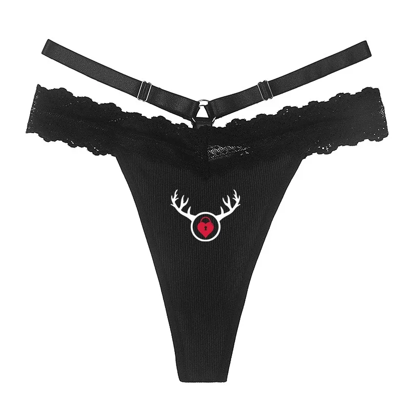 Cuckold Antlers Black Hot Underwear Womens Traceless GString Sexy Wavy Lace Thong Cute Panties for Girls Funny Underwear