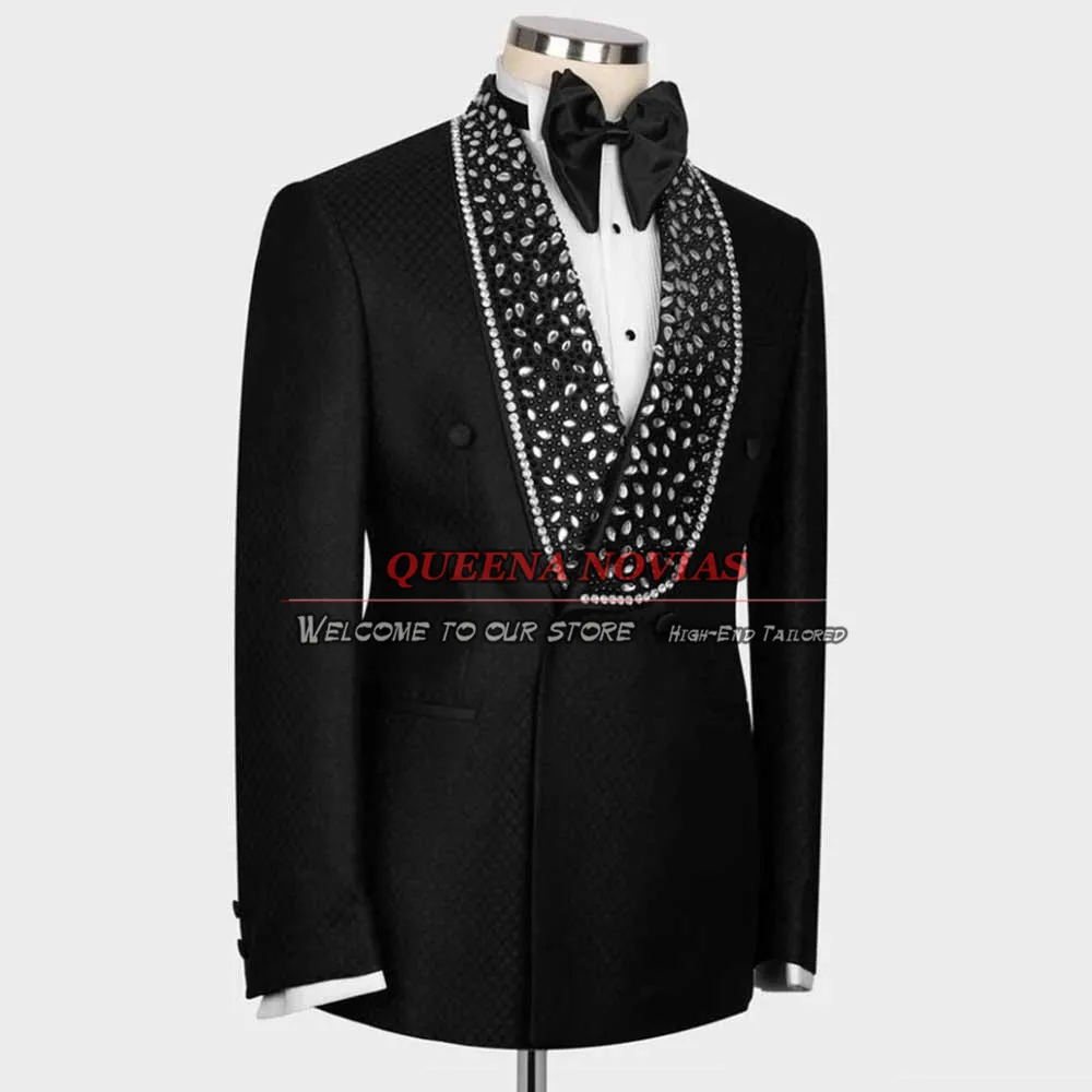 White Groom Wedding Tuxedo Pro Exclusive Embellished Jewelries Men's Suits Luxury Black Peaked Lapel Jacket Pants 2 Pieces Dress