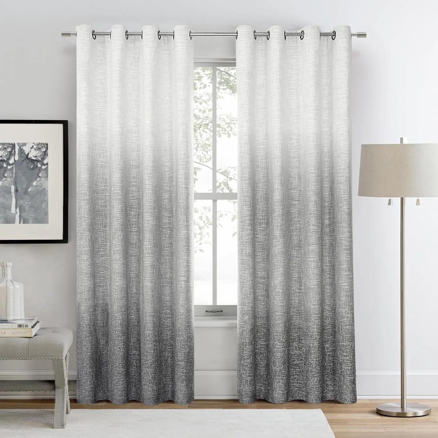 Cream-White-To-Grey Ombre 2-Panel Full Blackout Curtains, 50 × 84 Inches, Gradient Room-Darkening Drapes for Bedrooms