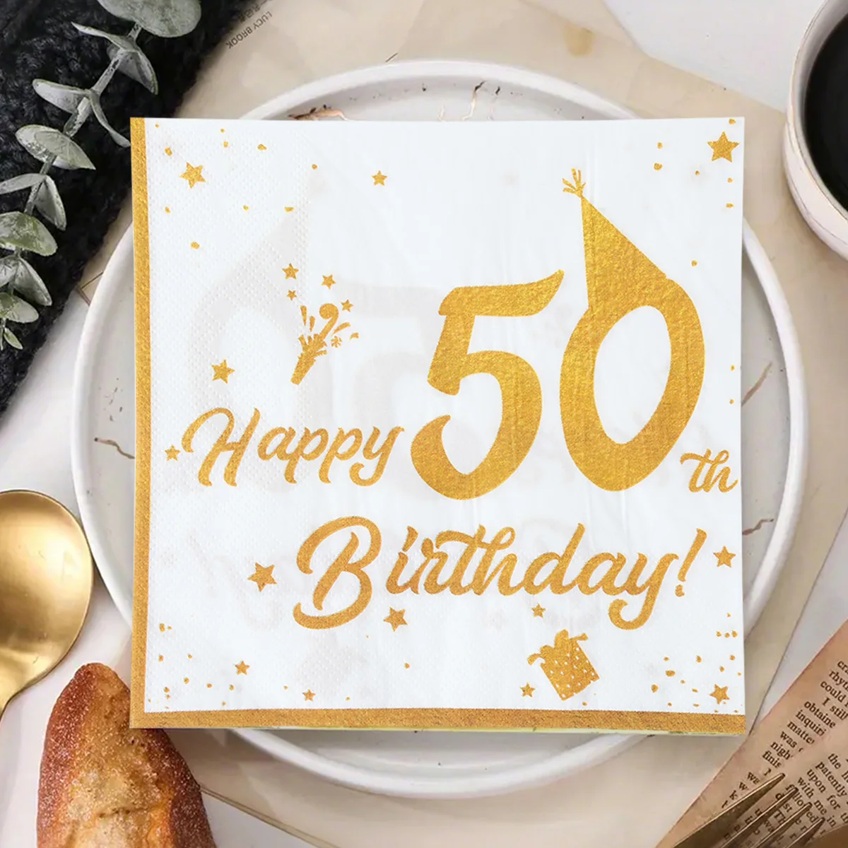 Servietten für Partys zum 50. 60. Geburtstag, Weißgold, Jubiläumsservietten, Einweggewebe, 50–60 Jahre altes Geburtstagsparty-Zubehör