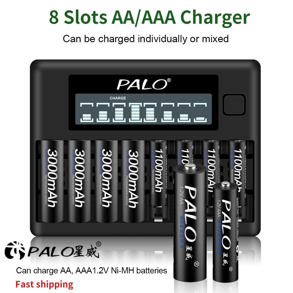 PALO 8 Slots 1.2V AA AAA Rechargeable Battery Charger LCD Smart USB Fast Charger For NI-MH NI-CD AA AAA Battery Independent Slot