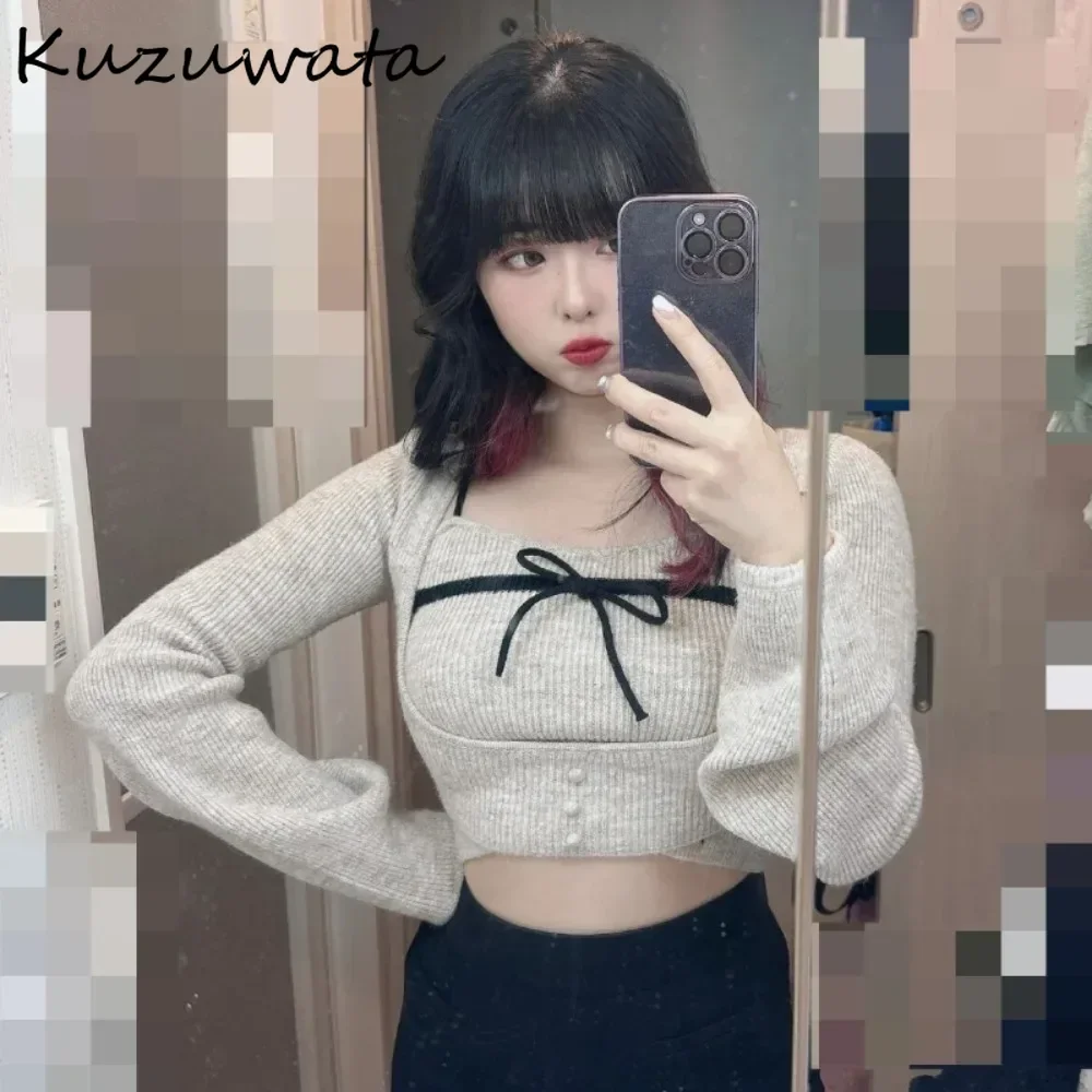 Kuzuwata Casual U Neck Pure Desire Style Sexy Swetry Knit All-match Spice Girls Streetwear Tops Japan Bow Pullover Pull Femme