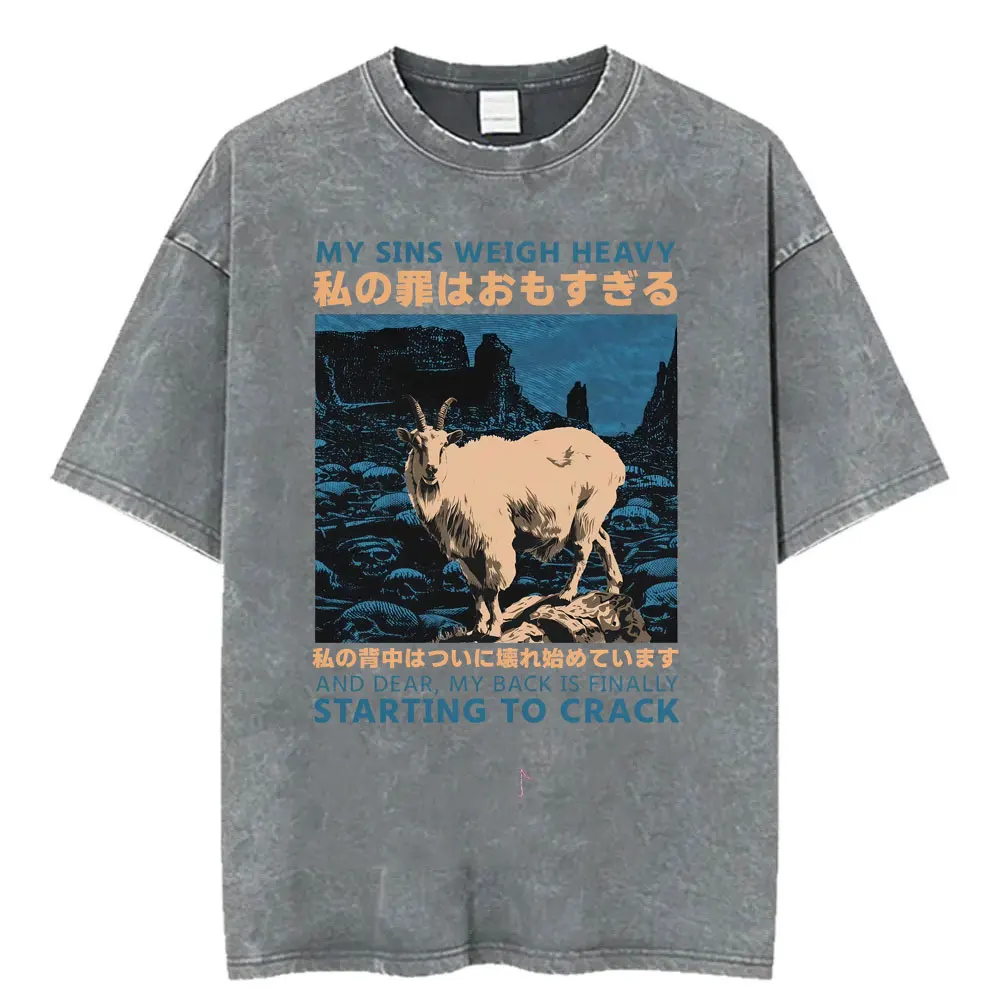 Funny Japanese Gothic Goat Graphic T-shirt My Sins Weigh Heavy Vintage Washed T Shirts Men Women Casual Loose Oversized T-shirts