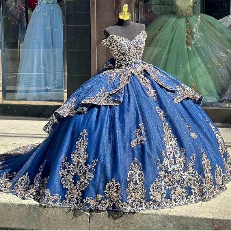 Real Pictures Dark Blue Quinceanera Dresses Cap Sleeve Lace Applique Corset Women Prom Party Dress Vestido De 14 vx Anos Pageant