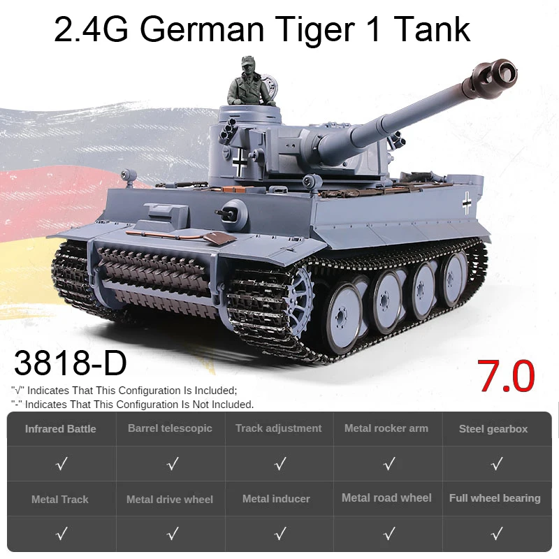 Heng Long 1/16 2.4G Metal RC Tank 7.0 Model 3818 Toy Car Model Tracked Alloy Adult Wireless Electric Battle RC Car