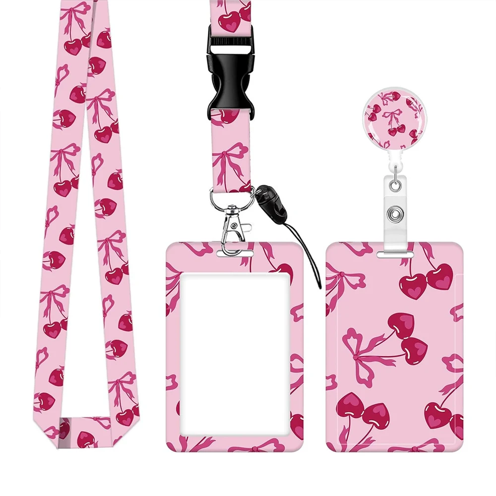 Cherry Bow Pattern ID Badge Holder Set, Slide‑Open Card Protector with Lanyard & Retractable Reel for Student Office Work Card