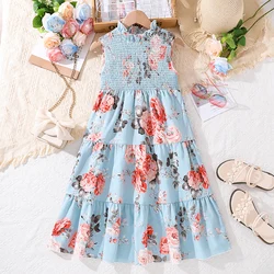 Summer Dress For Girls Baby Blue Print Sleeveless Ruffled Dress Elegant Casual Style Birthday Party Daily Holiday Clothes 8-12Y