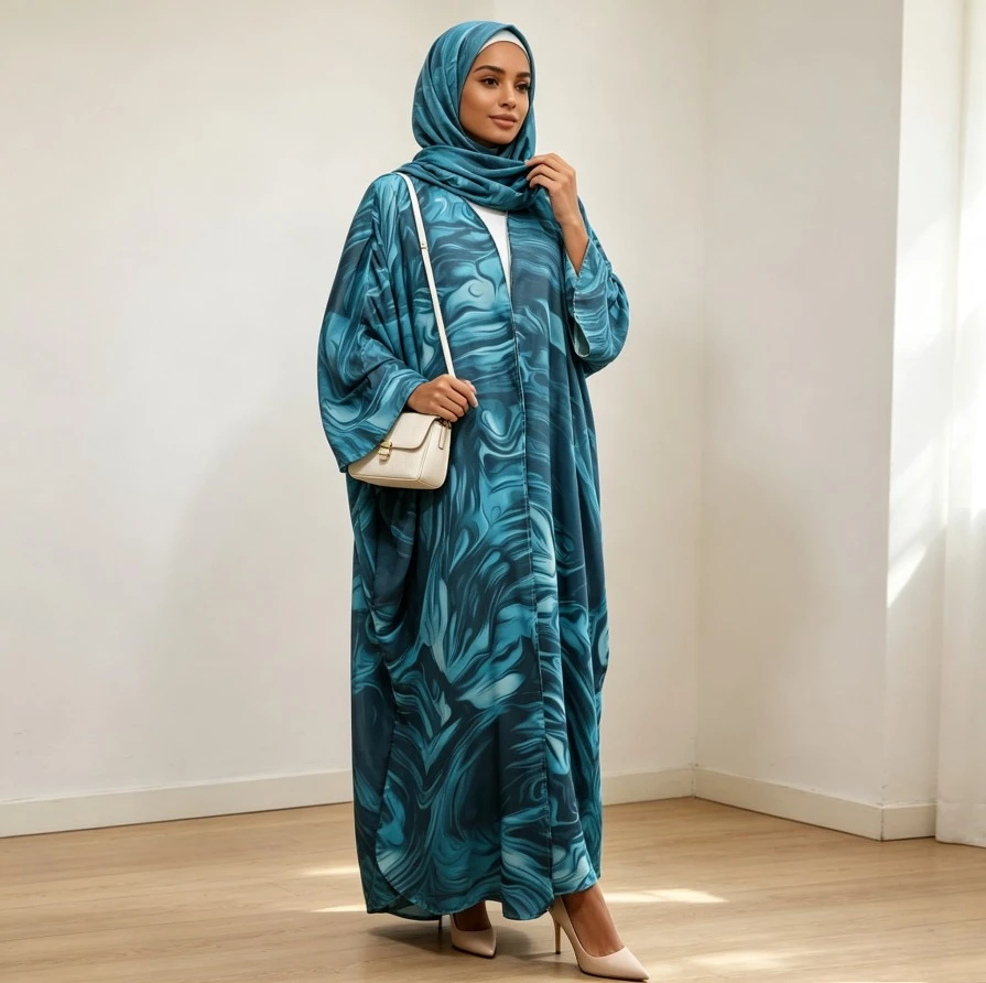 Women 2 Piece Set Set Muslim Eid Abaya Scarf Vestidos Print Open Dress Cardigan Ramadan Jalabiya Morocco Dubai Kaftan Long Robe