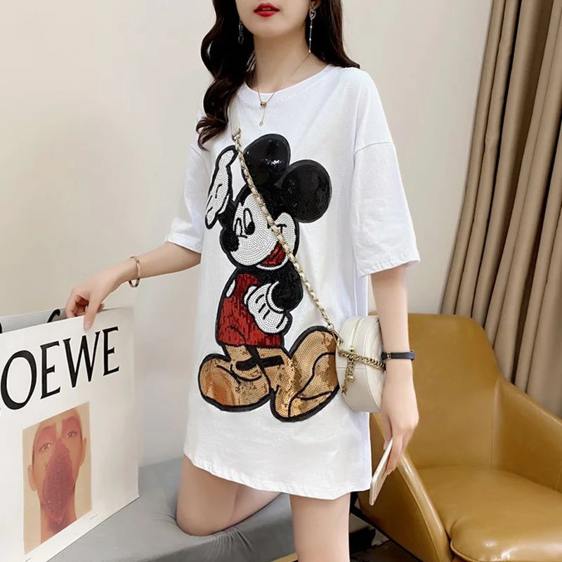 Disney 2022 Brand Clothing New Arrival Top Fashion Pullovers Casual Cotton Cartoon Mickey Mouse Beading Print Tshirt Dresses