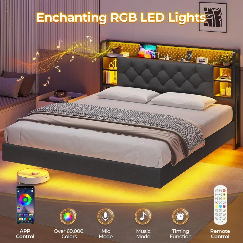 إطار سرير عائم LED بالحجم الكامل مع لوح أمامي للتخزين وميزات الشحن