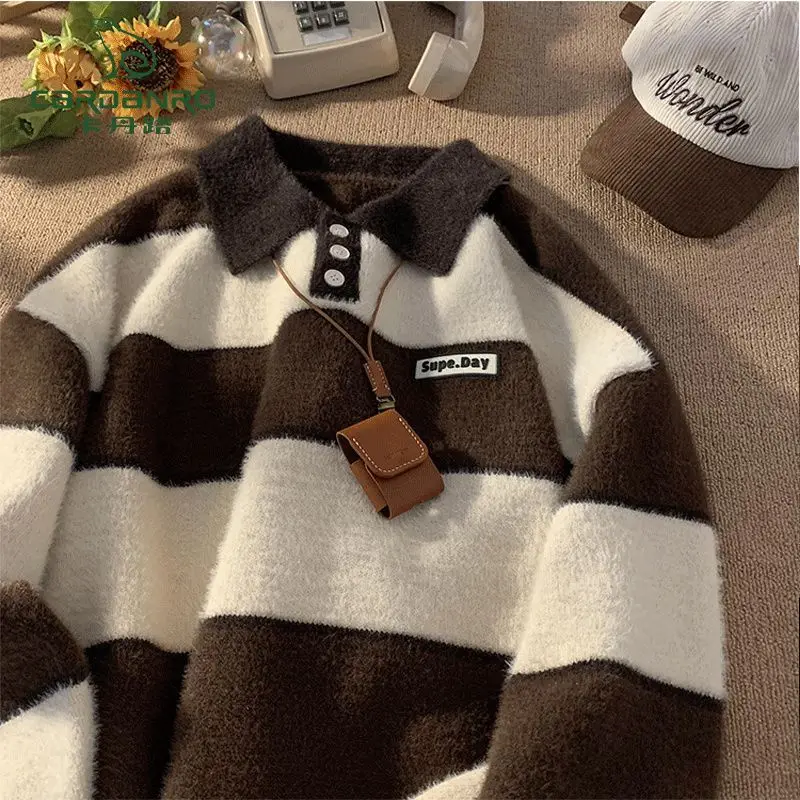 

Trendy Korean Style Simple POLO Collar Sweater Men's Striped College Style Men's Lazy Style Retro Thickened Jacket Tops