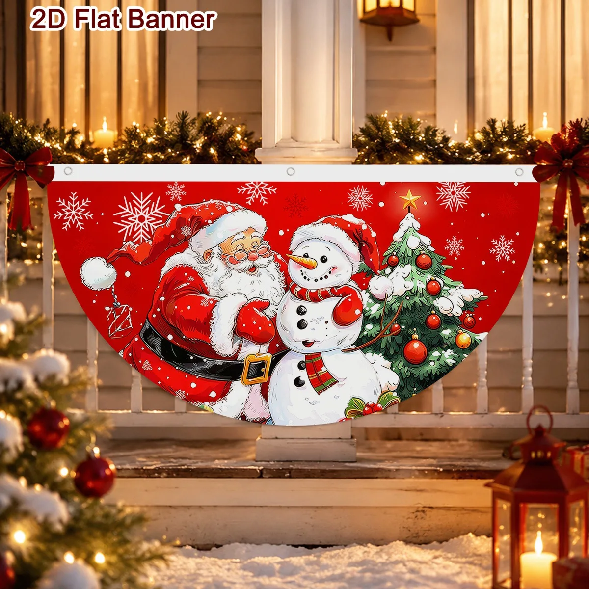 Red Christmas Fan-Shaped Flag Santa Snowman Designs Bunting Flag 90*48cm Polyester Outdoor Banner for Home Christmas Decorations