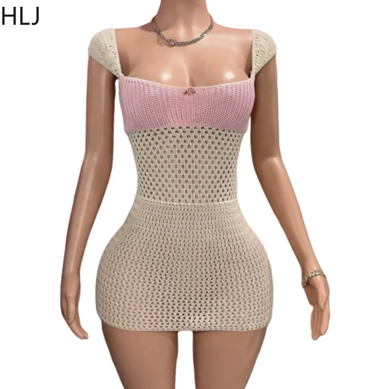 HLJ Sexy Knitting Hollow Bodycon Mini Spaghetti Strap Dresses Women Thin Backless Bandage Slim Vestidos Fashion Y2K Streetwear