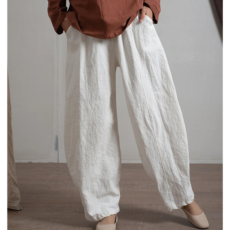 

Льняной материал с высокой талией, женские летние широкие повседневные брюки, удобные белые брюки с высокой талией, женская одежда, брюки