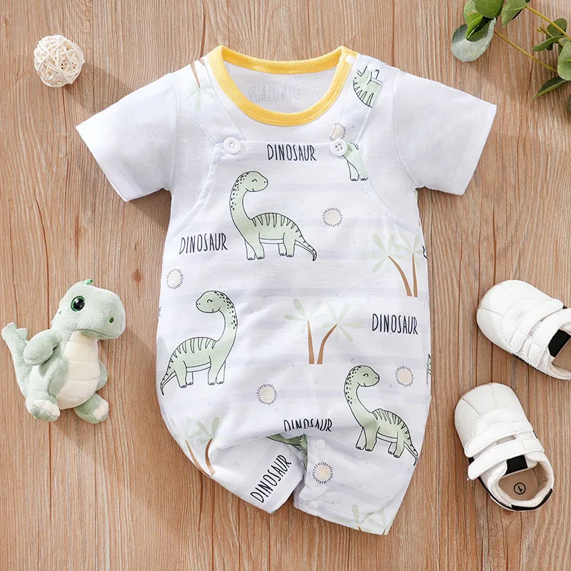 Summer Newborn Boys And Girls Cute Cartoon Stripe Dinosaur Full Print Comfortable Short Sleeve Jumpsuit