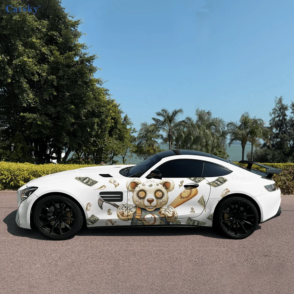 Bear Doll Baseball Money Car Vinyl Wraps Decal Self-adhesive PVC Sticker Suitable for Trucks SUV Decor Auto Accessories Gift