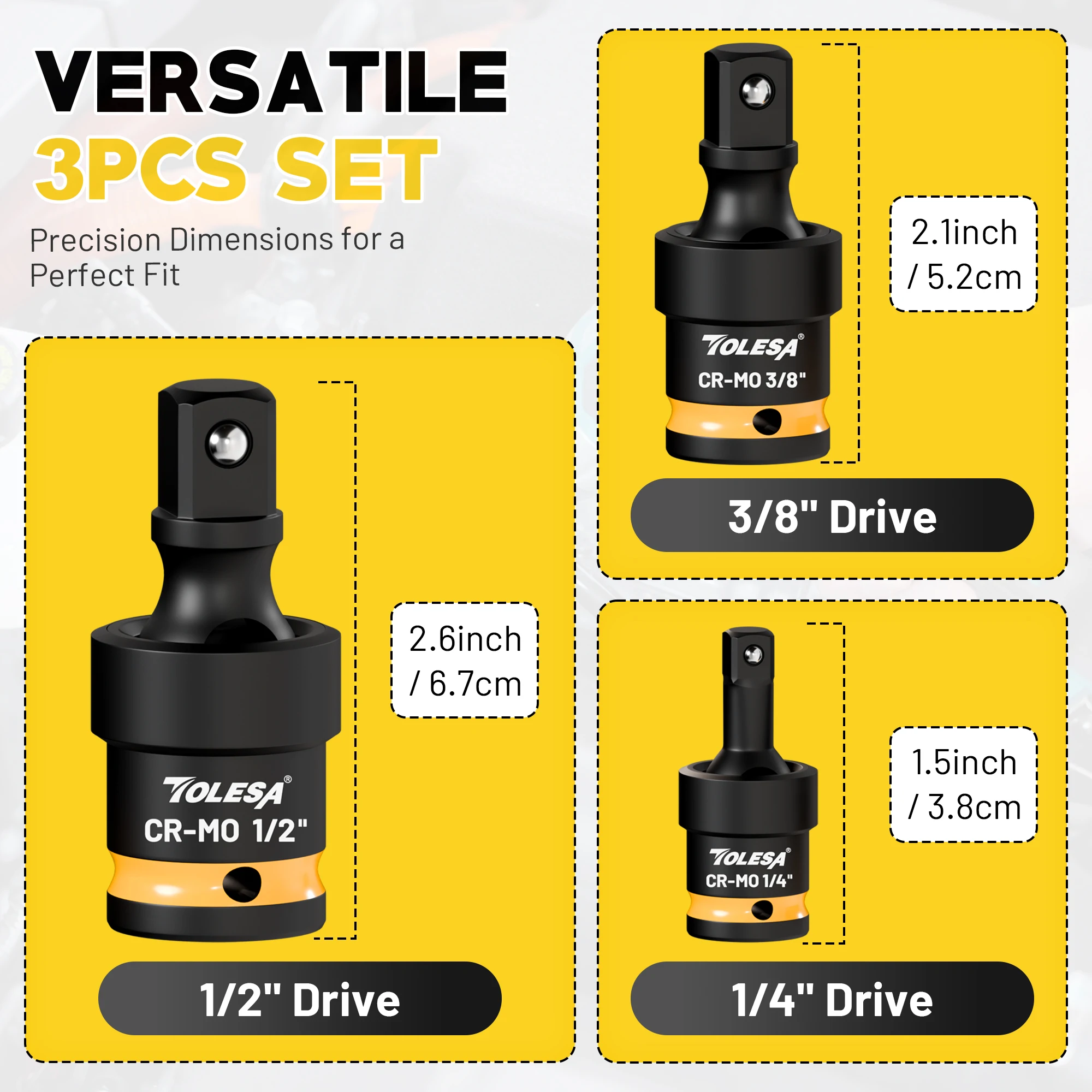 TOLESA 3 قطعة مجموعة مقابس دوارة العالمي المشترك المقبس تأثير مقبس دوار 1/4 "3/8" 1/2 "محرك مجموعة تمايل المقبس أداة ملحق #6