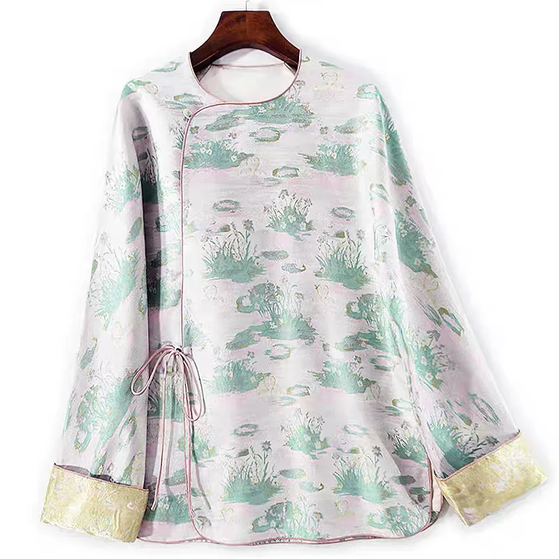 BirdTree-Song Brocade Silk Elegant Coat, O Neck Long Sleeve Lace-up, Women Retro Commute Loose Cardigan Coat, 2025 Fall C5O763CC