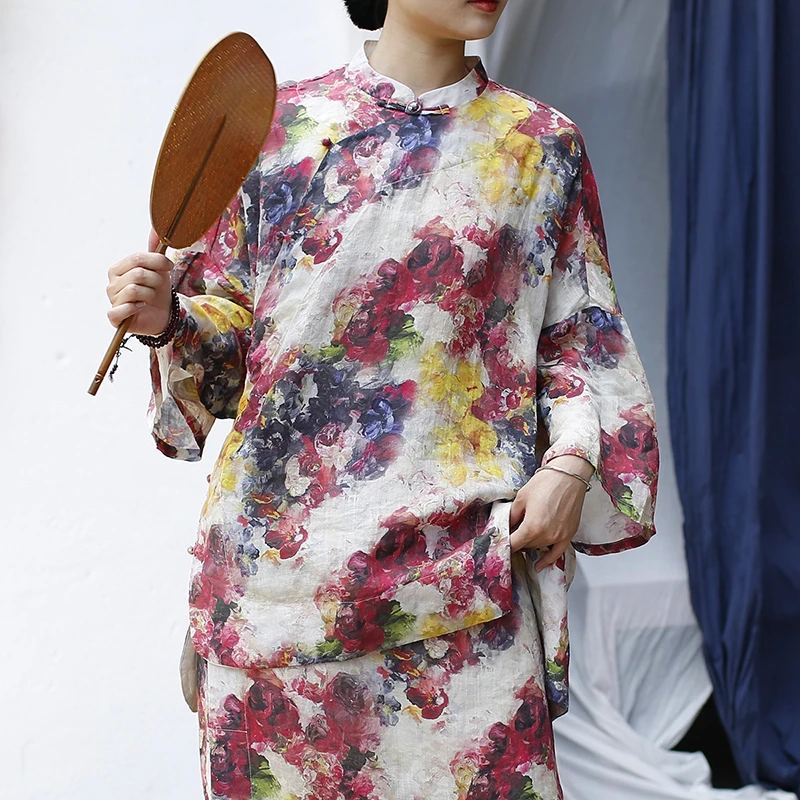 Camicia casual da donna in stile cinese Nuovo arrivo 2025 Estate Vintage Stampa floreale Allentato Comodo top in lino femminile Camicie M1784