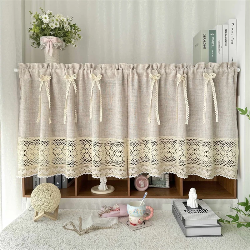 Retro Beige Hollow Crochet Lace Embroidery Splicing Bohemian Short Transparent Curtains For Living Room Bedroom Window Drapes