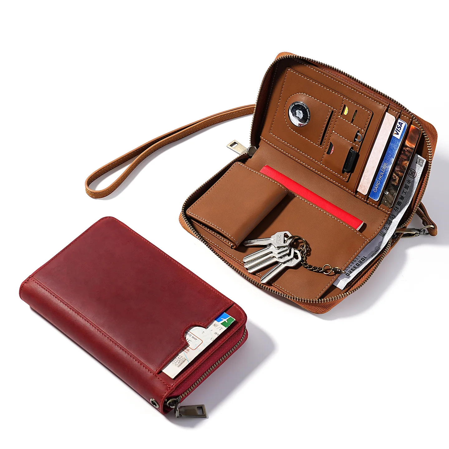 

Men's Genuine Leather Multi-functional Wallet with Lanyard - Zippered Organizer with Key Chain, Card Slots & Passport Holder