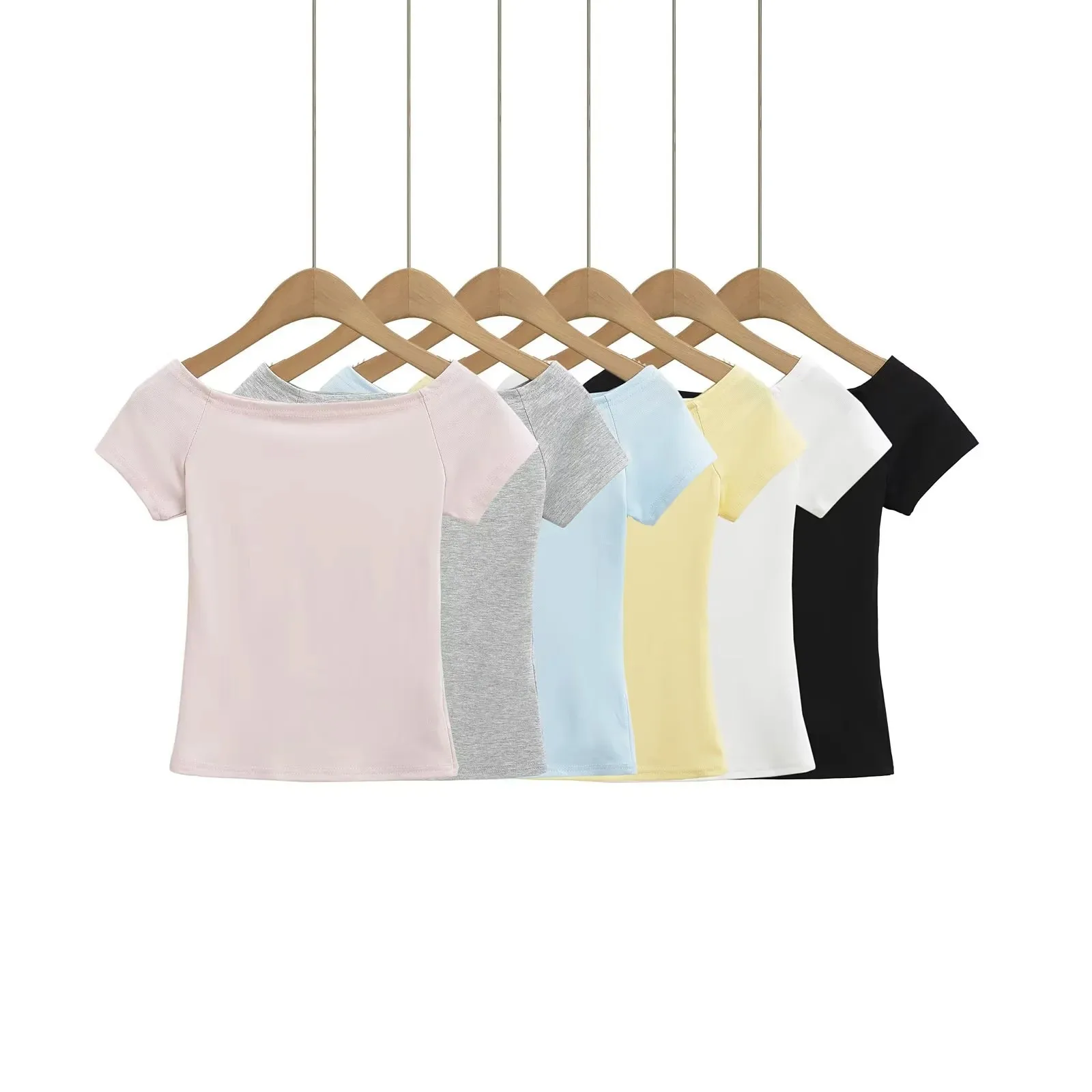 Summer style versatile hot girl off-shoulder short-sleeve irregular tight-fitting bust-enhancing T-shirt short high-waisted Q7Y5