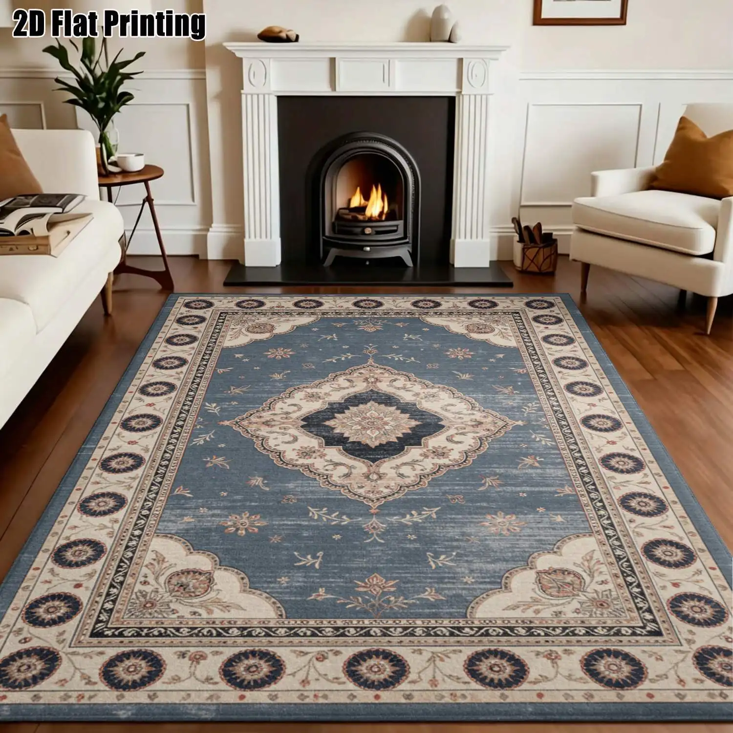 1Pc 2D Printed Carpet: Blue-Grey Retro Geometric, European & Bohemian Style, Home Decor, Multiple Sizes, Machine-Washable, for Entrance, Dining, Foyer, Bedroom, Living Room