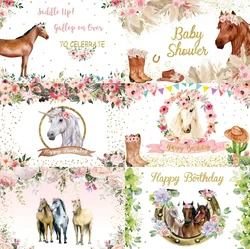 Cowboy Horse Theme Backdrop for Boys Western Cowgirl Birthday Party Flower Saddle Kids Portrait Photography Background Props