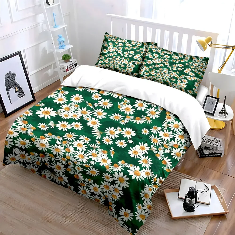 3Pcs Daisy Bedding Set, White Daisies with Yellow Center Print Duvet Cover + 2 Pillowcases, Fresh Floral Decor