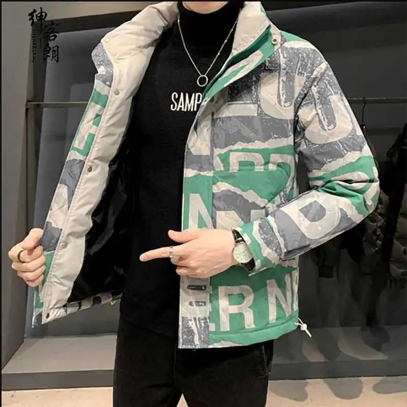 Down and Cotton Jacket Men's Trendy Brand Stand Up Collar Camouflage Top Thick Men's Jacket