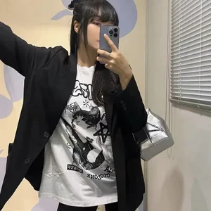 미국 고양이 록 기타 그래픽 짧은 슬리브 티셔츠 느슨한 한국 패션 대형 여성 여름 옷 y2k 스트리트웨어 12 최고의 판매 Miku Lanyard -№4