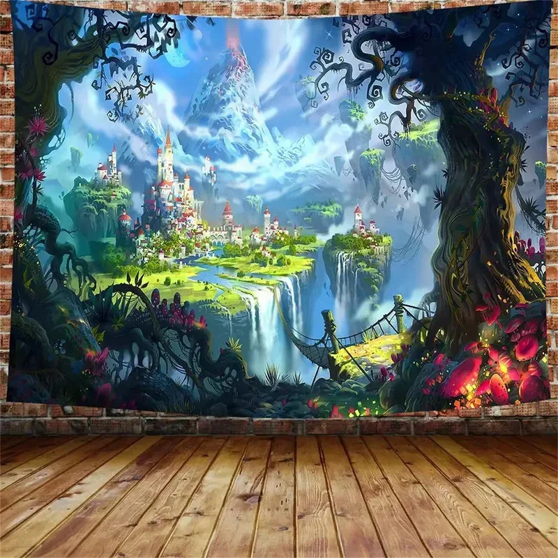 VIKAMA Fantasy-Wunderland-Schloss-Wandteppich, magischer Wald, Wasserfall, Fantasy-Märchenstil, Wohnzimmer-Dekoration