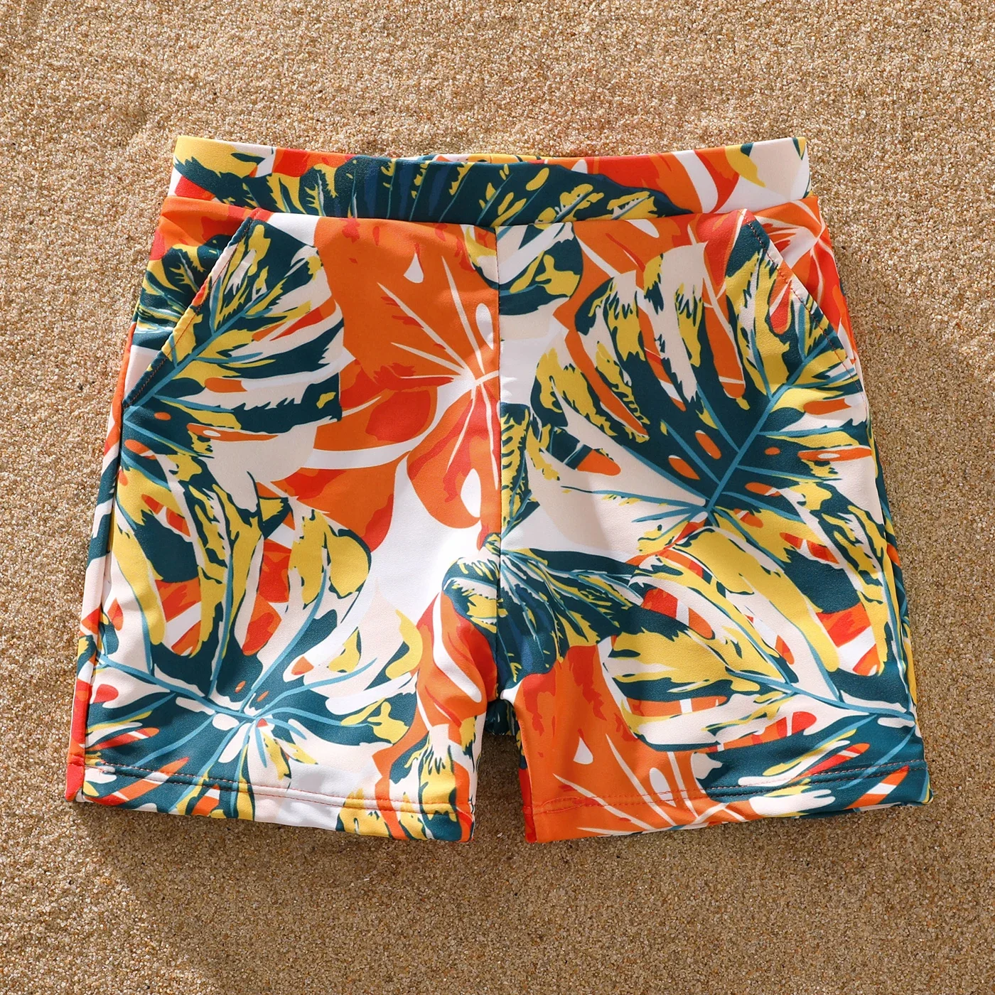 PatPat Family Matching Swimsuit Orange All Over Tropical Plant Print Splicing Ruffle One-Piece Swimsuit and Swim Trunks Shorts