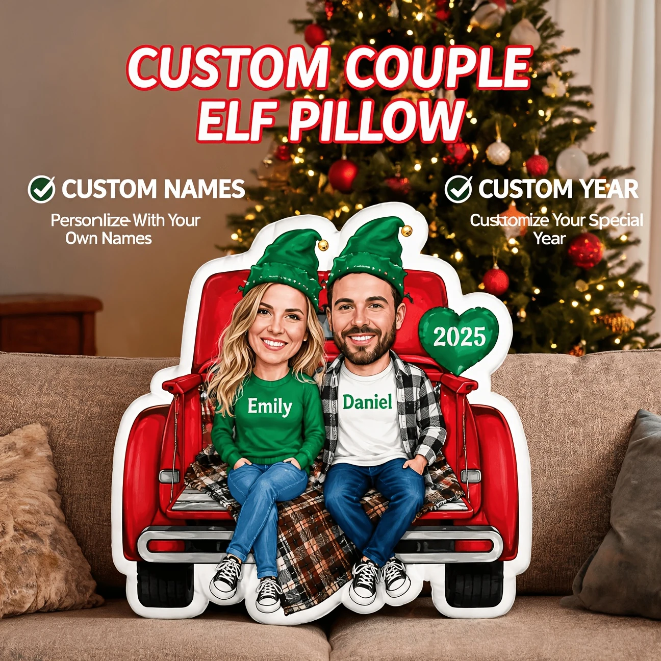 Personalized Couple Photo Shaped Pillow, Custom Face Red Truck Christmas Decorative Cushion, Unique Home Decor Gift for Partner
