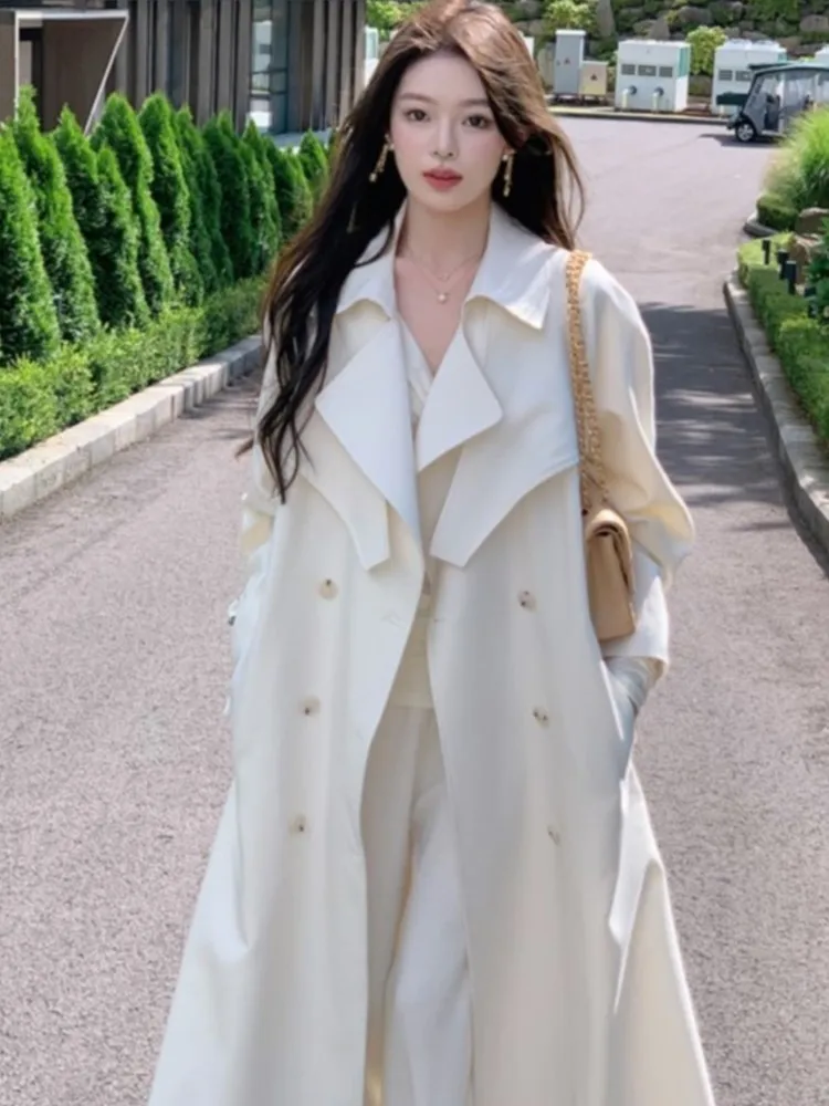 Autumn Korea Style Long Trench Coat for Women Elegant Slim Double Breasted Long Coats With Belt Female Loose Casual Overcoat New