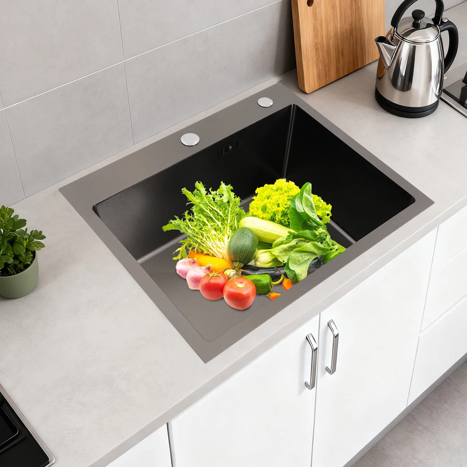 

Single Bowl Sink, 55cm x 45cm 304 Stainless Steel Kitchen Sink Set Black, Undermount Drop In Sink for Kitchen Replacement