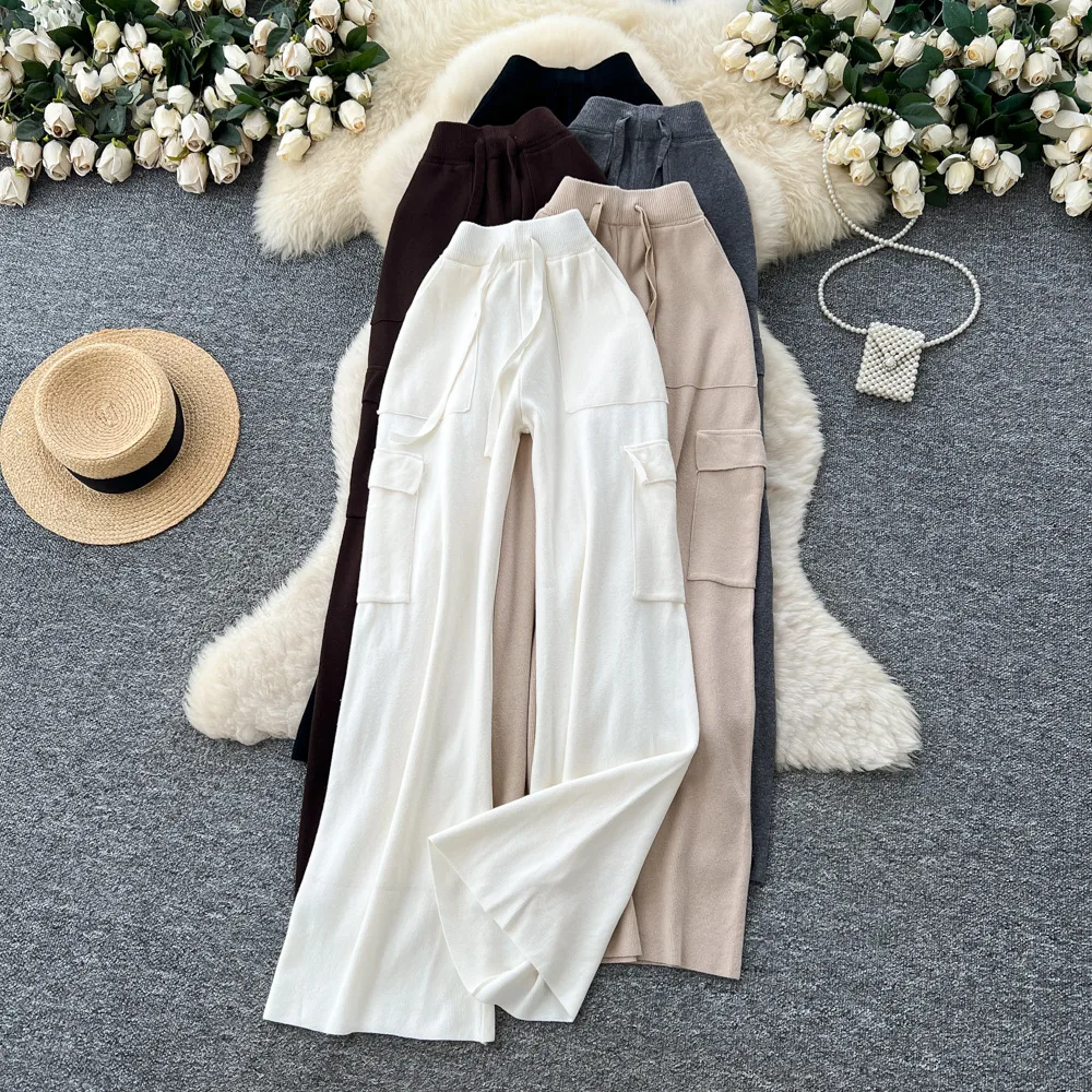 

Women Solid Knitted Straight Pants Cargo Capris Drawstring Waist Floor Lenth Pockets Slim Fit Elegant Casual 2025 Autumn Winter
