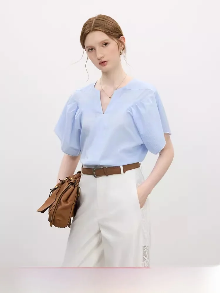 

Vanessa Spring Summer Stripe Cotton Shirt Women's round Neck Short Sleeve Bell Sleeve Pullover Anti-Uv Loose Fit Regular Length