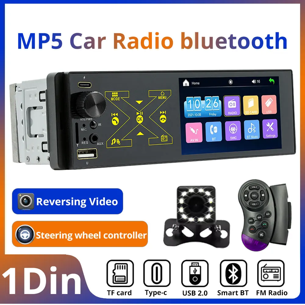 

1Din Car Radio Bluetooth MP5 Player 4.1Inch Touch Screen FM USB AUX Multimedia Video Player Type-C Charging
